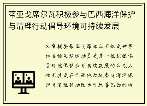 蒂亚戈席尔瓦积极参与巴西海洋保护与清理行动倡导环境可持续发展