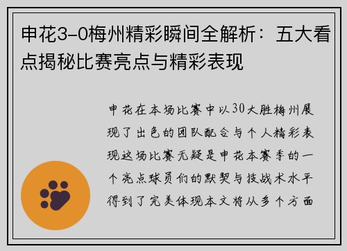 申花3-0梅州精彩瞬间全解析：五大看点揭秘比赛亮点与精彩表现